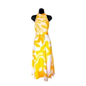 Tahari yellow & white floral print swing skirt halter tie neck dress size 6 new